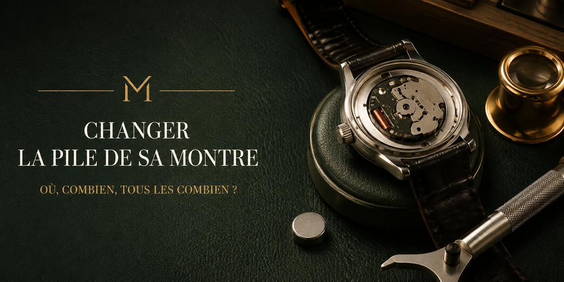 Montre retournée au fond de boîtier ouvert sur un coussin d'horloger, pile bouton et outils à côté — guide pour changer la pile de sa montre