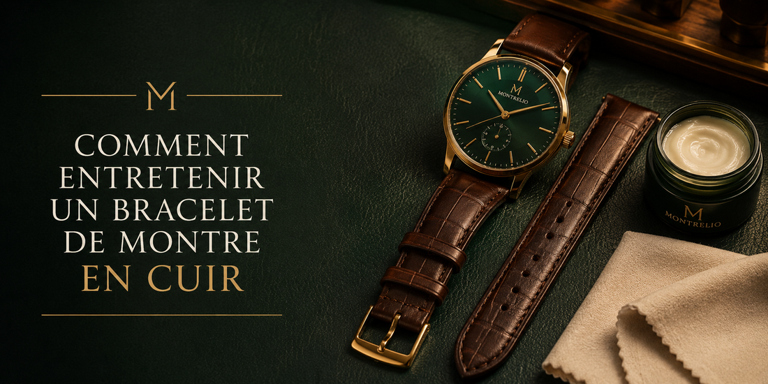 Montre Montrelio au cadran vert posée près d'un bracelet de montre en cuir marron, d'un lait d'entretien et d'un chiffon doux — guide pour entretenir un bracelet de montre en cuir