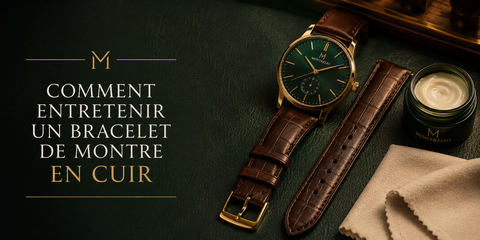 Montre Montrelio au cadran vert posée près d'un bracelet de montre en cuir marron, d'un lait d'entretien et d'un chiffon doux — guide pour entretenir un bracelet de montre en cuir