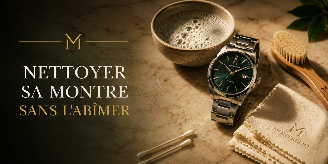 Montre Montrelio en acier au cadran vert sur un plan de marbre, avec bol d'eau savonneuse, brosse douce, cotons-tiges et chiffon microfibre — guide pour nettoyer sa montre sans l'abîmer