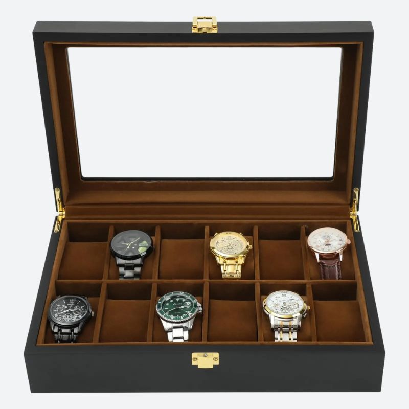 Boîte à montres 12 compartiments ouverte, intérieur en similicuir