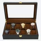 Boîte à montres 12 compartiments ouverte, intérieur en similicuir