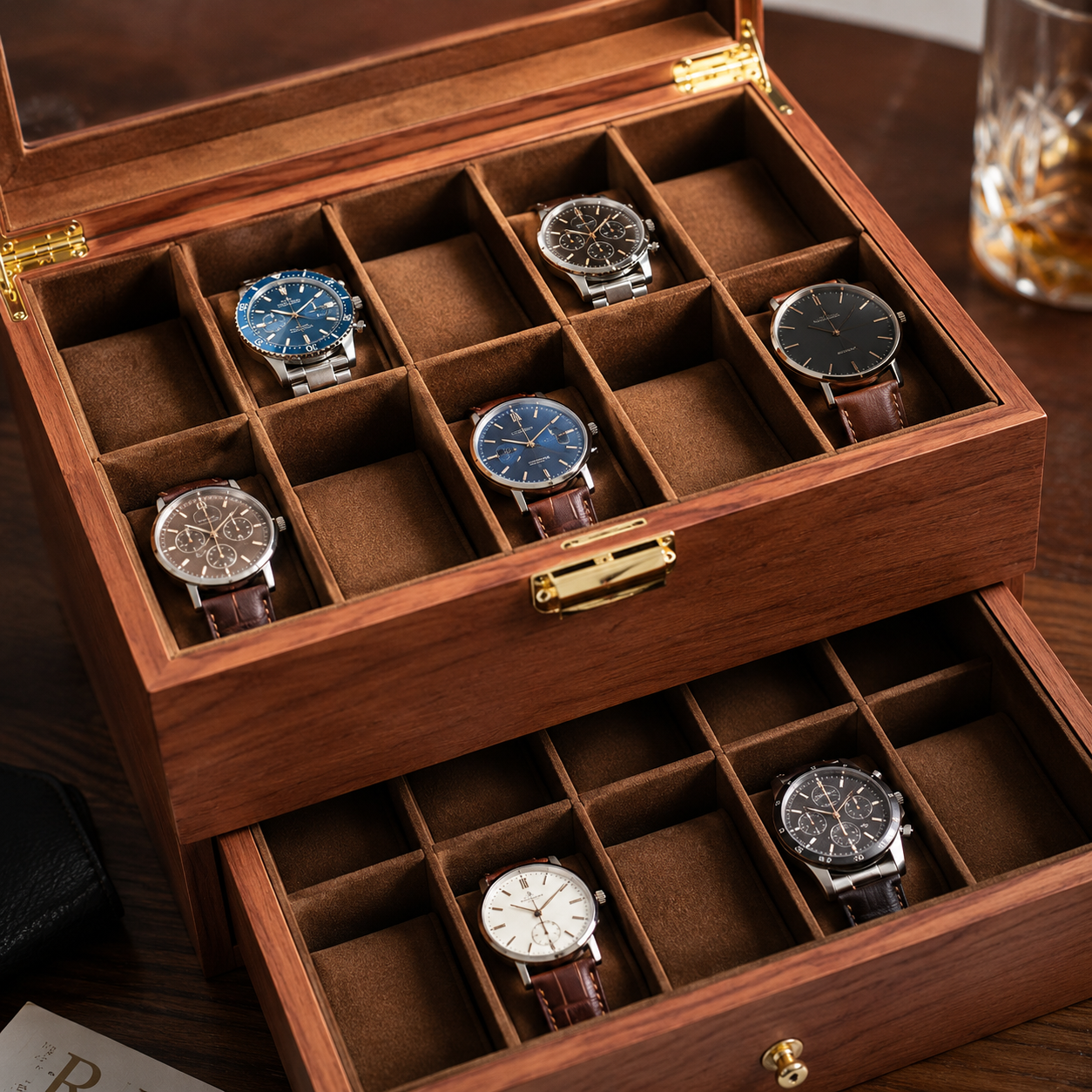 Compartiments en suédine marron de la boîte à montres en bois 20 cases, gros plan avec montres