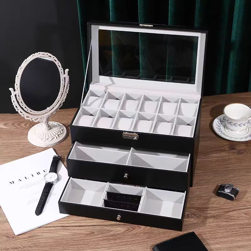 Coffret cuir montres et bijoux, vue d'ensemble