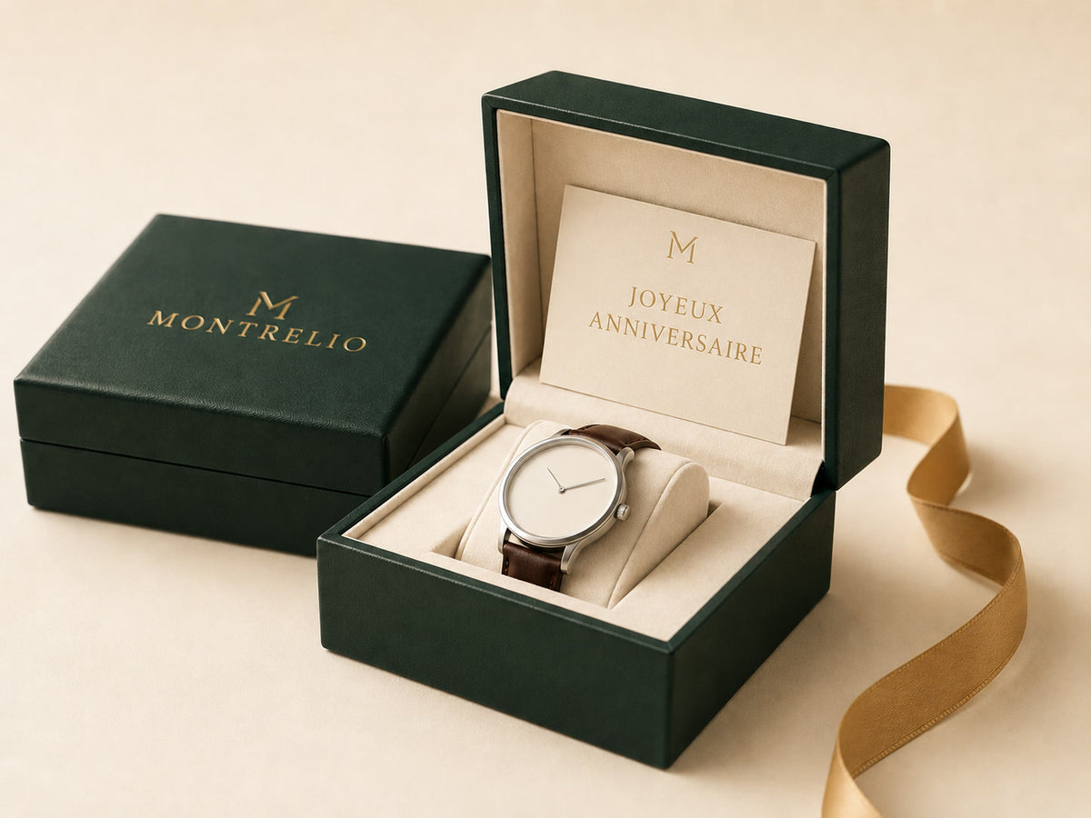 L'Écrin Montrelio ouvert avec sa carte message Joyeux anniversaire, la montre sur son coussin de velours et le coffret fermé au monogramme doré