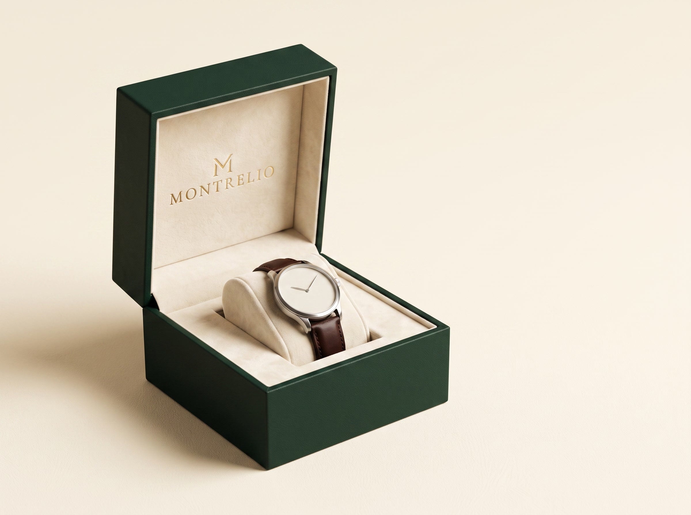 Écrin Montrelio ouvert, monogramme doré dans le couvercle et montre posée sur le coussin de velours crème
