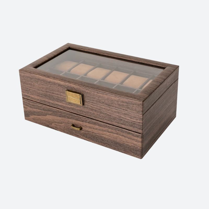 Boîte à montres en bois 24 compartiments avec tiroir, vue de face