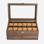 Grande boîte à montres en bois ouverte, 24 cases