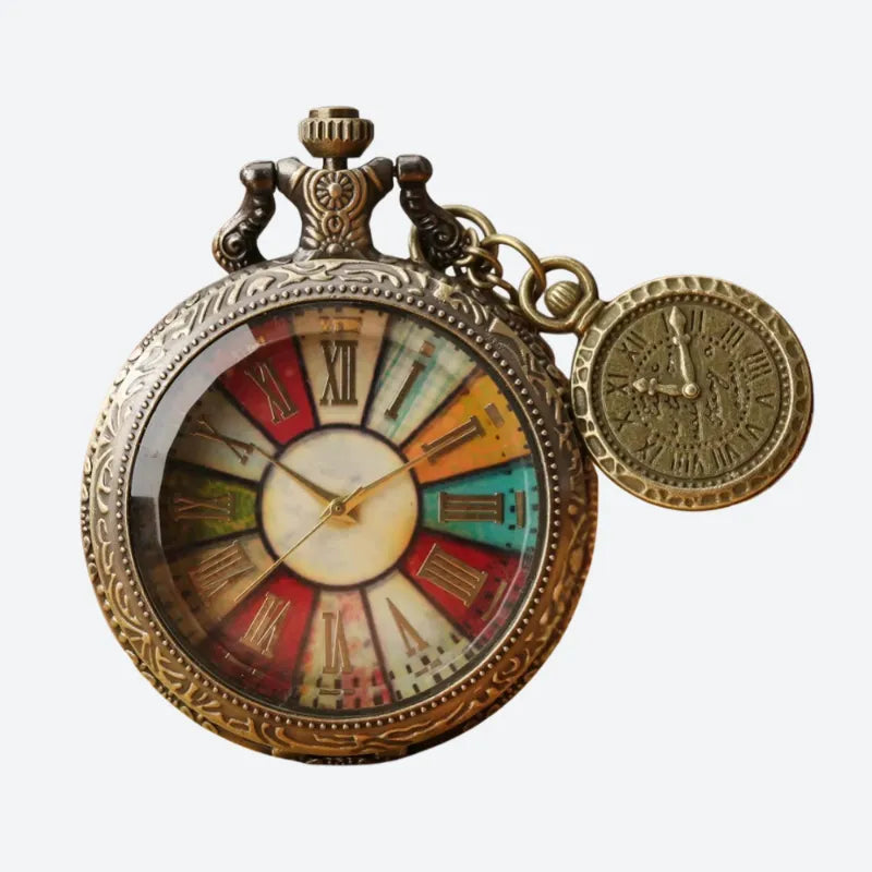 Montre à gousset homme multicolore gravure vintage, vue de face