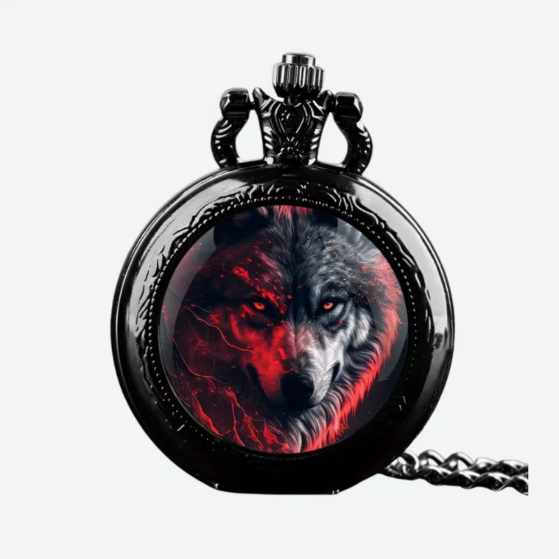 Montre à gousset homme gravée loup vintage, vue de face