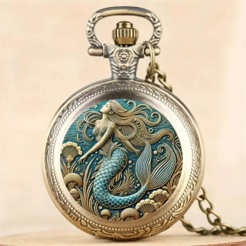 Montre à gousset homme sirène bronze portée en pendentif