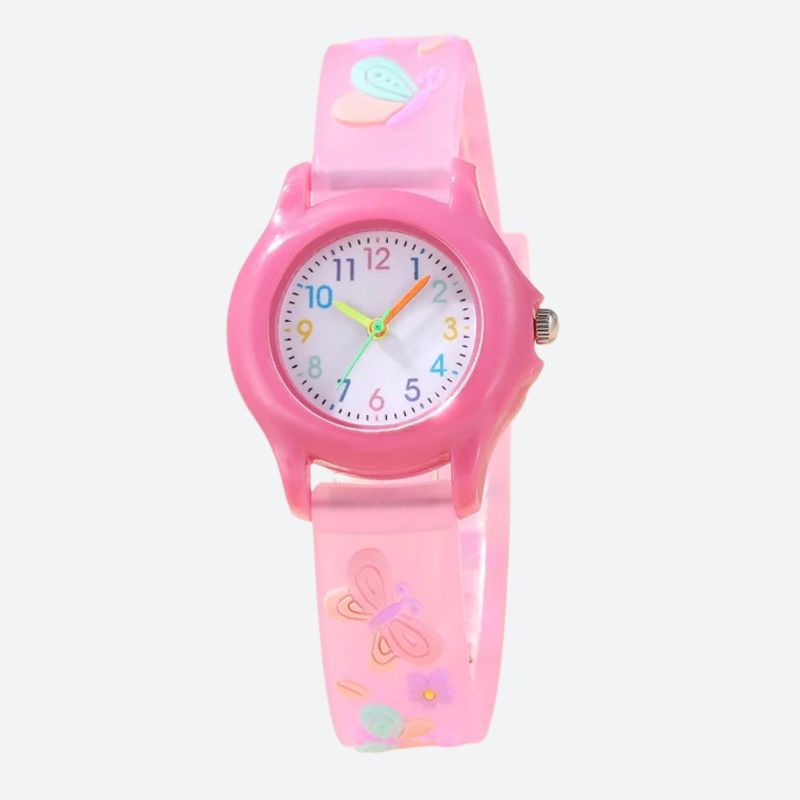 Montre apprentissage enfant fille bracelet papillons, vue de face