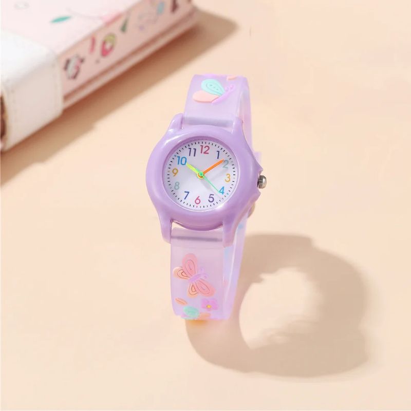 Montre apprentissage fille bracelet papillons, vue de profil