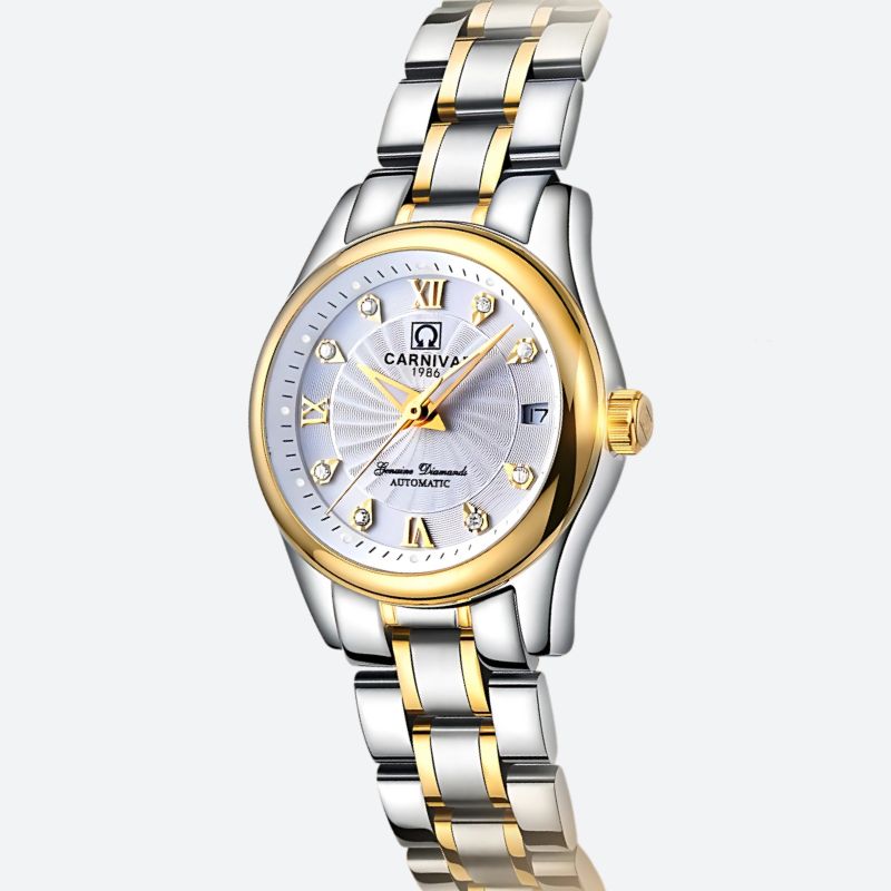 Montre automatique femme acier bicolore cadran à cristaux, vue de face