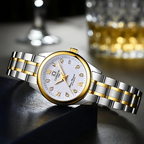 Montre automatique femme acier bicolore, vue de profil