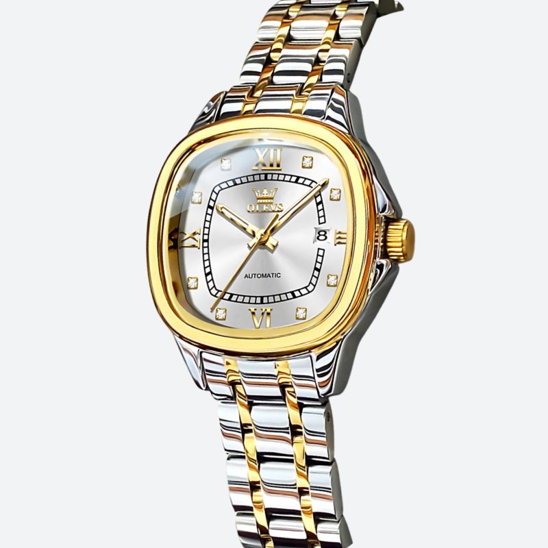 Montre automatique femme bicolore aiguilles phosphorescentes, vue de face