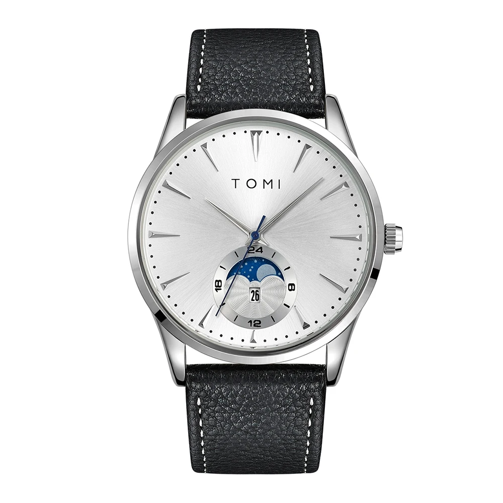 Montre automatique femme cadran argenté et bracelet cuir noir, vue de face