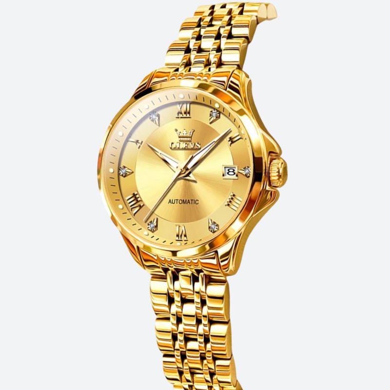 Montre automatique femme dorée 30 mm étanche, vue de face