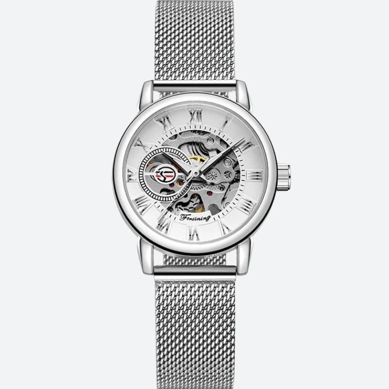 Montre automatique femme maille milanaise cadran ajouré, vue de face