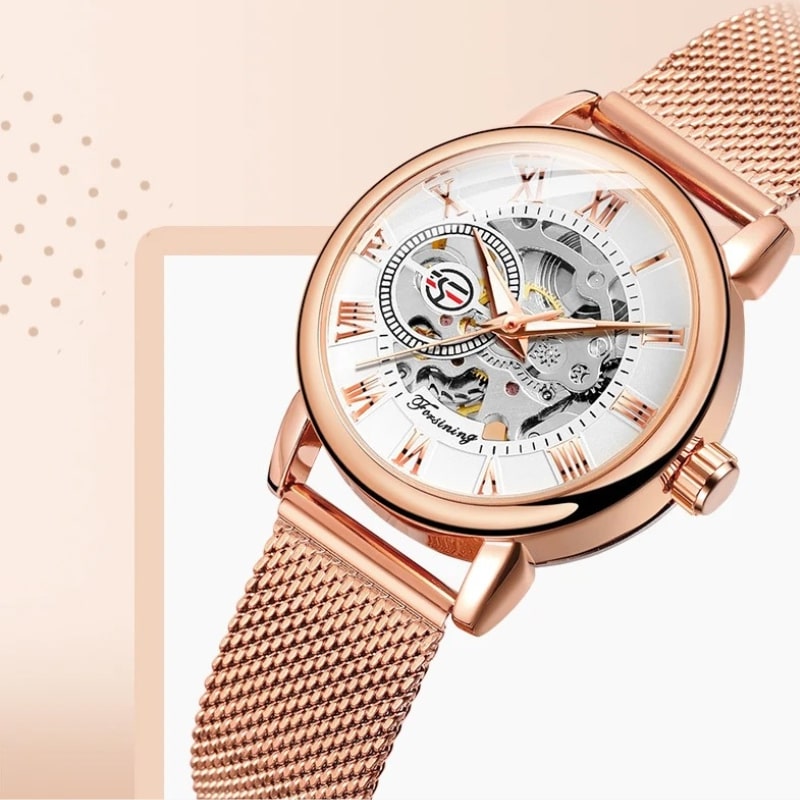 Montre automatique femme maille milanaise, vue de profil