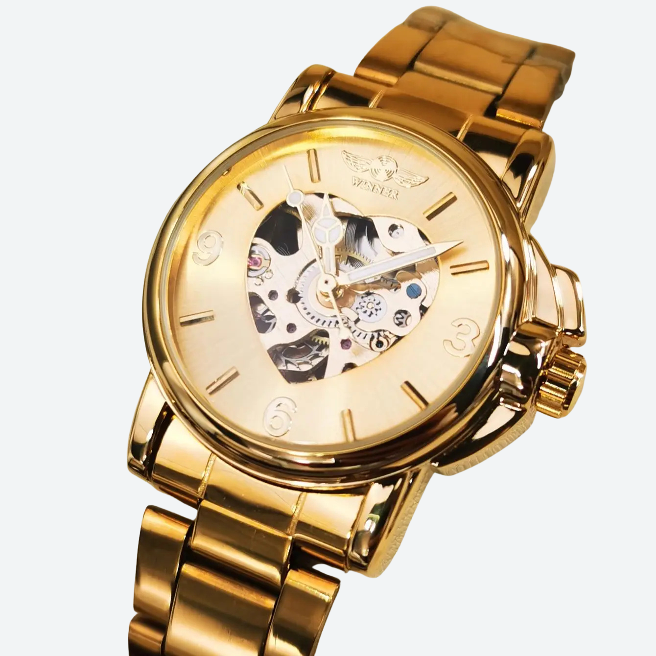Montre automatique femme squelette dorée bracelet acier, vue de face