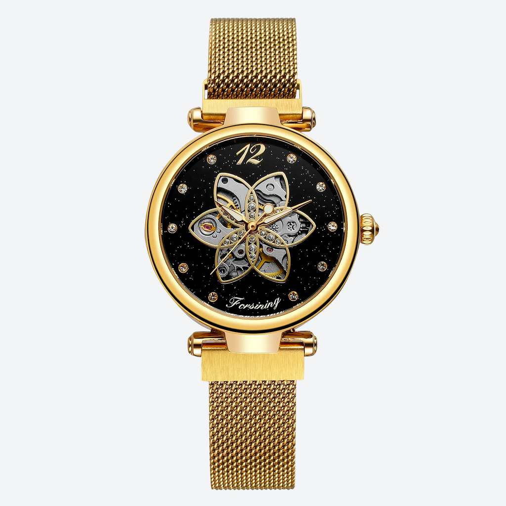 Montre automatique femme squelette floral, vue de face