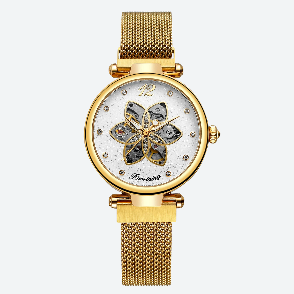 Mouvement or rose visible de la montre automatique femme