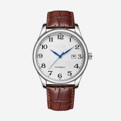 Montre automatique homme acier vintage bracelet cuir, vue de face