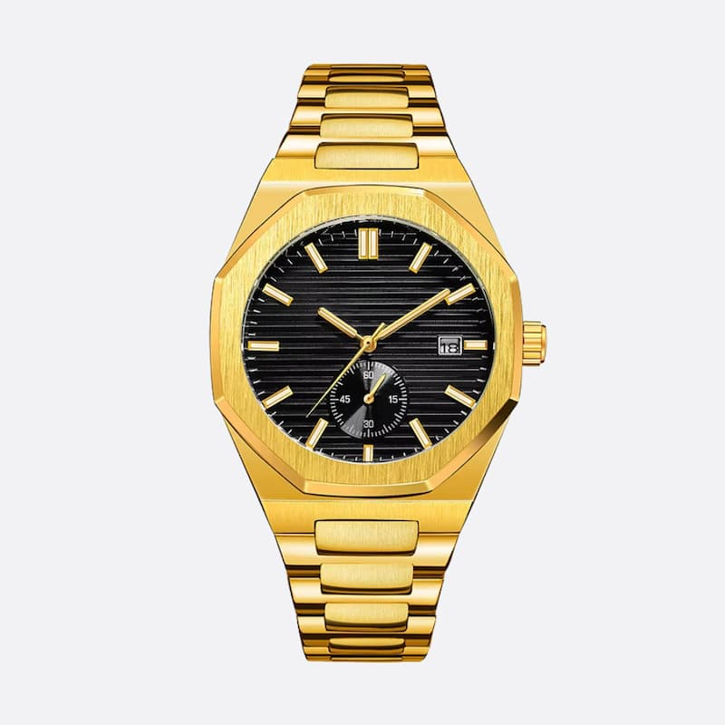 Montre automatique homme dorée boîtier octogonal, vue de face