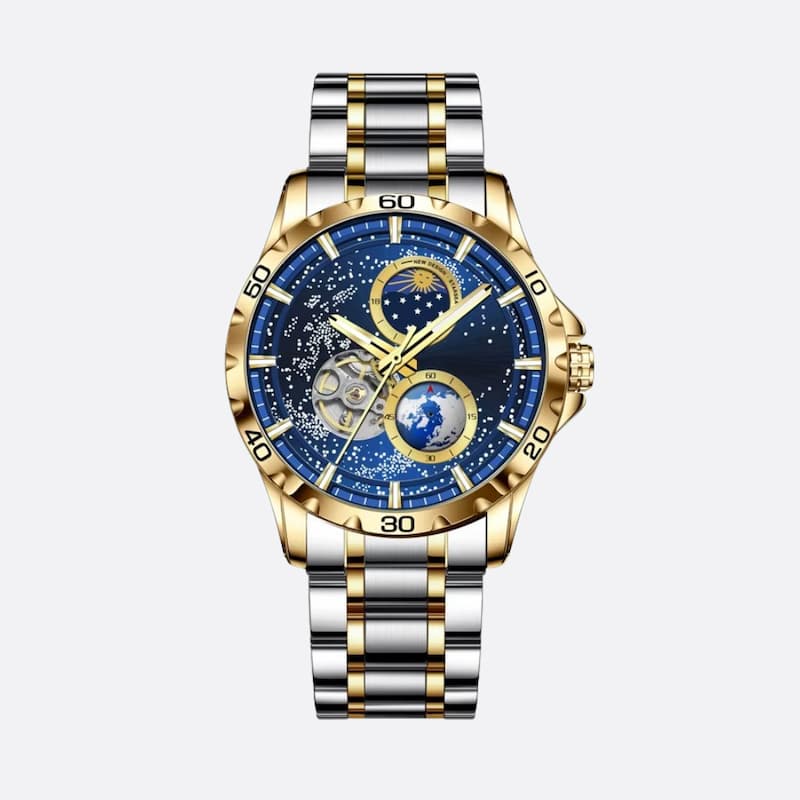 Montre automatique homme étanche cadran galaxie, vue de face