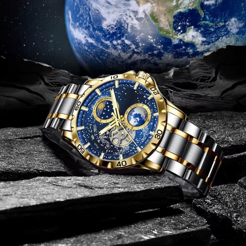 Montre automatique homme cadran galaxie, gros plan