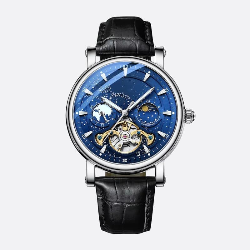 Montre automatique homme phase de lune cadran lumineux, vue de face
