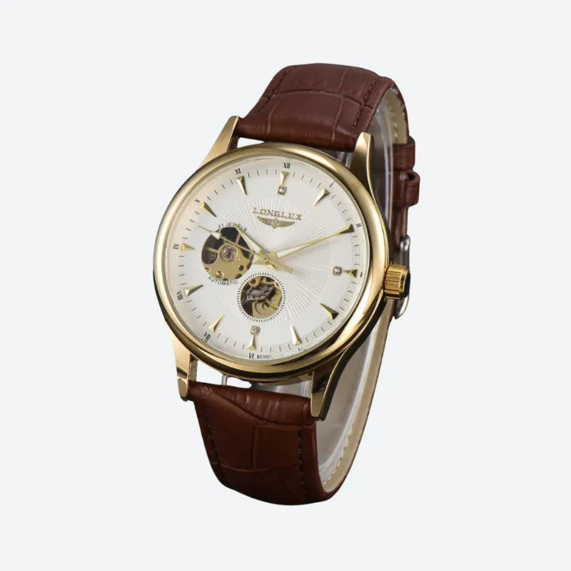 Montre automatique homme squelette doré bracelet cuir marron, vue de face