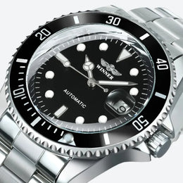 Montre Automatique Homme Style Plongée Bracelet Acier Cadran Noir