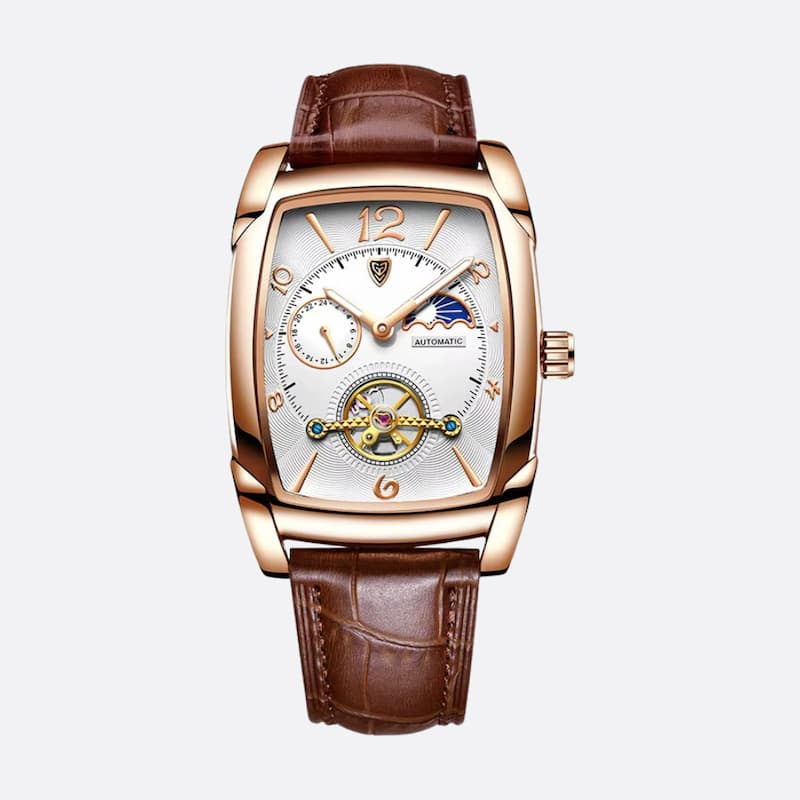 Montre automatique homme tonneau or rose phase de lune, vue de face