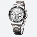 Montre chronographe femme argentée lunette noire 35 mm, vue de face