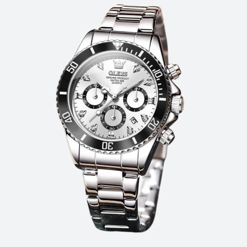 Montre chronographe femme argentée lunette noire 35 mm, vue de face