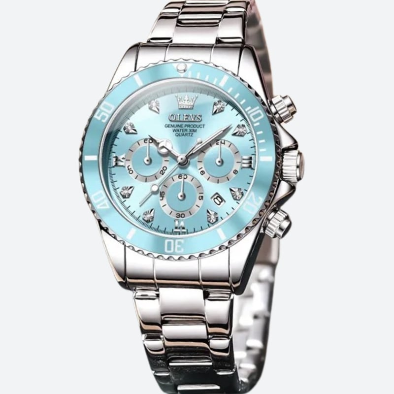 Montre Chronographe Femme Cadran Bleu Glacier & Finitions Chromées - vue 1 - Montrelio