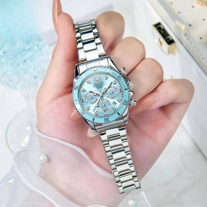 Montre Chronographe Femme Cadran Bleu Glacier & Finitions Chromées - vue 3 - Montrelio