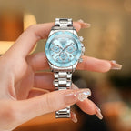 Montre Chronographe Femme Cadran Bleu Glacier & Finitions Chromées - vue 5 - Montrelio