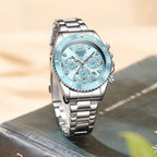 Montre Chronographe Femme Cadran Bleu Glacier & Finitions Chromées - vue 6 - Montrelio