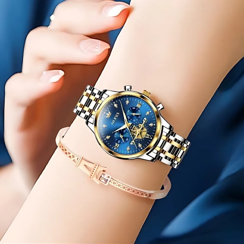 Montre Chronographe Femme Cadran Bleu Roi & Bracelet Acier Bicolore - vue 2 - Montrelio