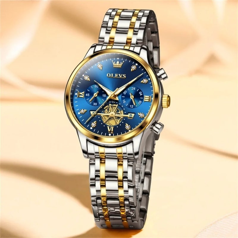 Montre Chronographe Femme Cadran Bleu Roi & Bracelet Acier Bicolore - vue 3 - Montrelio
