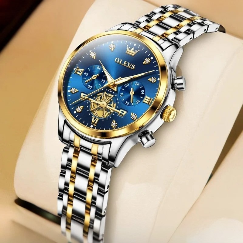 Montre Chronographe Femme Cadran Bleu Roi & Bracelet Acier Bicolore - vue 4 - Montrelio