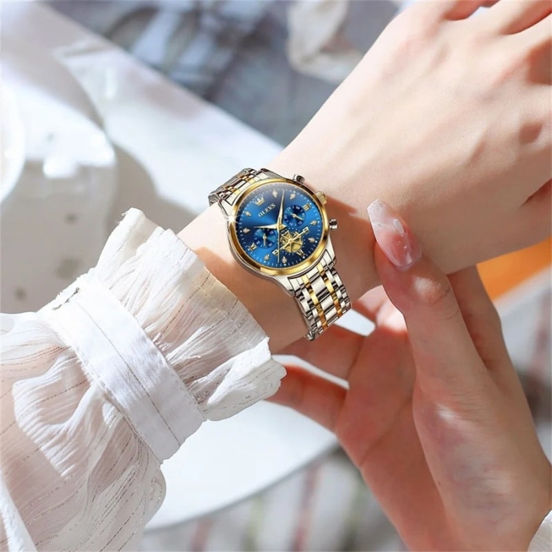 Montre Chronographe Femme Cadran Bleu Roi & Bracelet Acier Bicolore - vue 5 - Montrelio