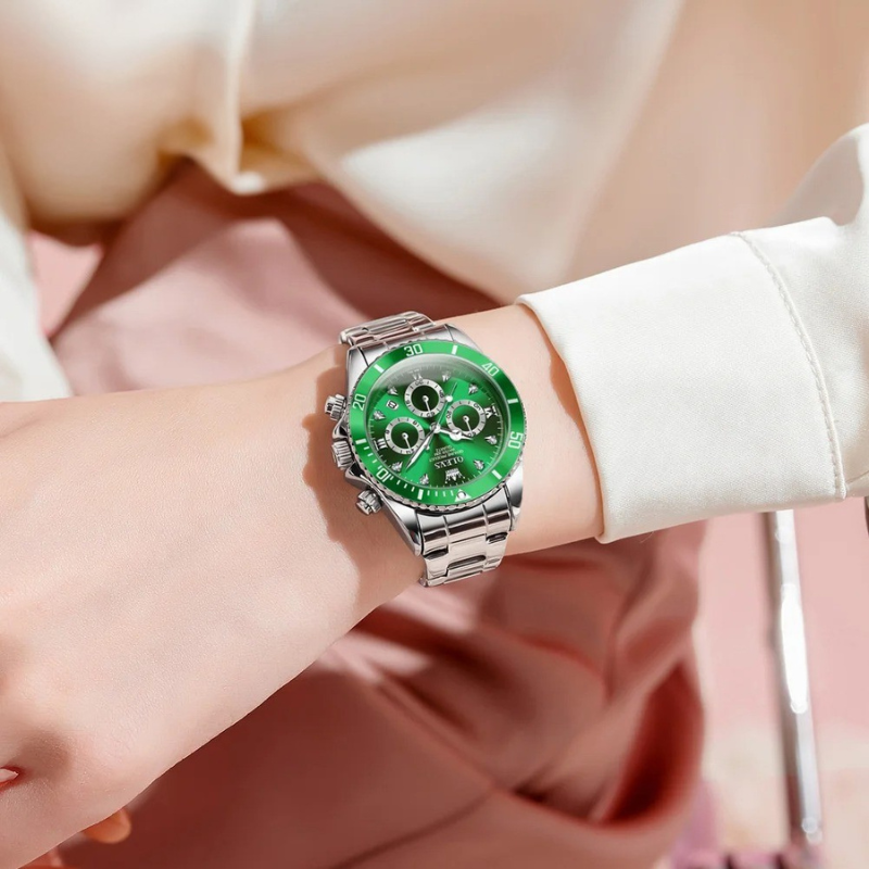 Montre Chronographe Femme Cadran Vert Impérial & Acier Miroir - vue 2 - Montrelio