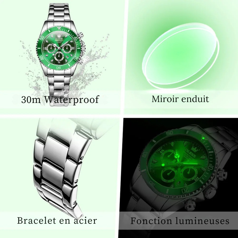 Montre Chronographe Femme Cadran Vert Impérial & Acier Miroir - vue 6 - Montrelio