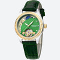 Montre automatique femme squelette cadran vert, phase de lune et bracelet cuir - Montrelio