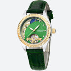 Montre automatique femme squelette cadran vert, phase de lune et bracelet cuir - Montrelio