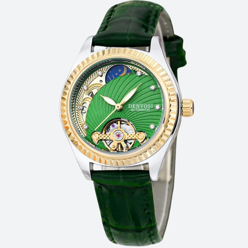 Montre automatique femme squelette cadran vert, phase de lune et bracelet cuir - Montrelio